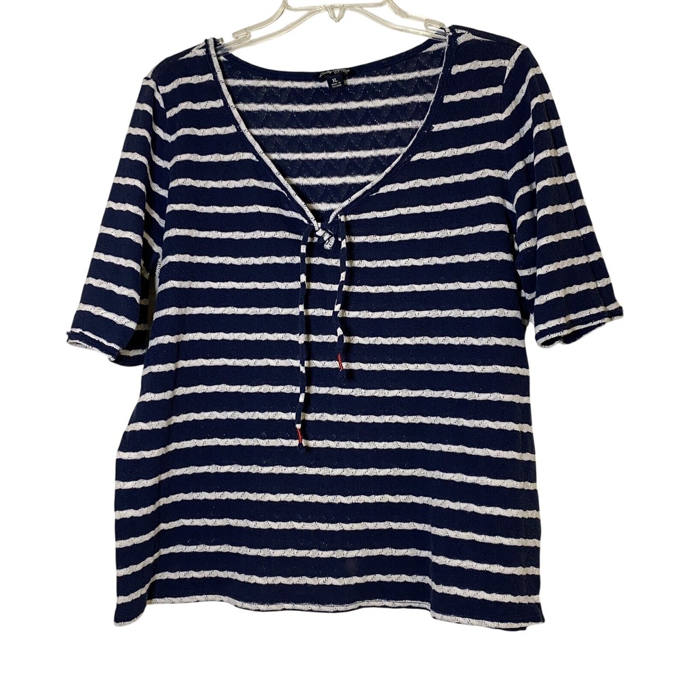 Lucky Brand Womens XL Blue White Striped Tie Front V-Neck Knit Top Short Sleeve